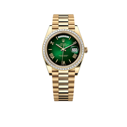 Day-Date 40mm | 18k yellow gold President bracelet | Green ombré dial Diamond bezel | Mens Watch 228398TBR