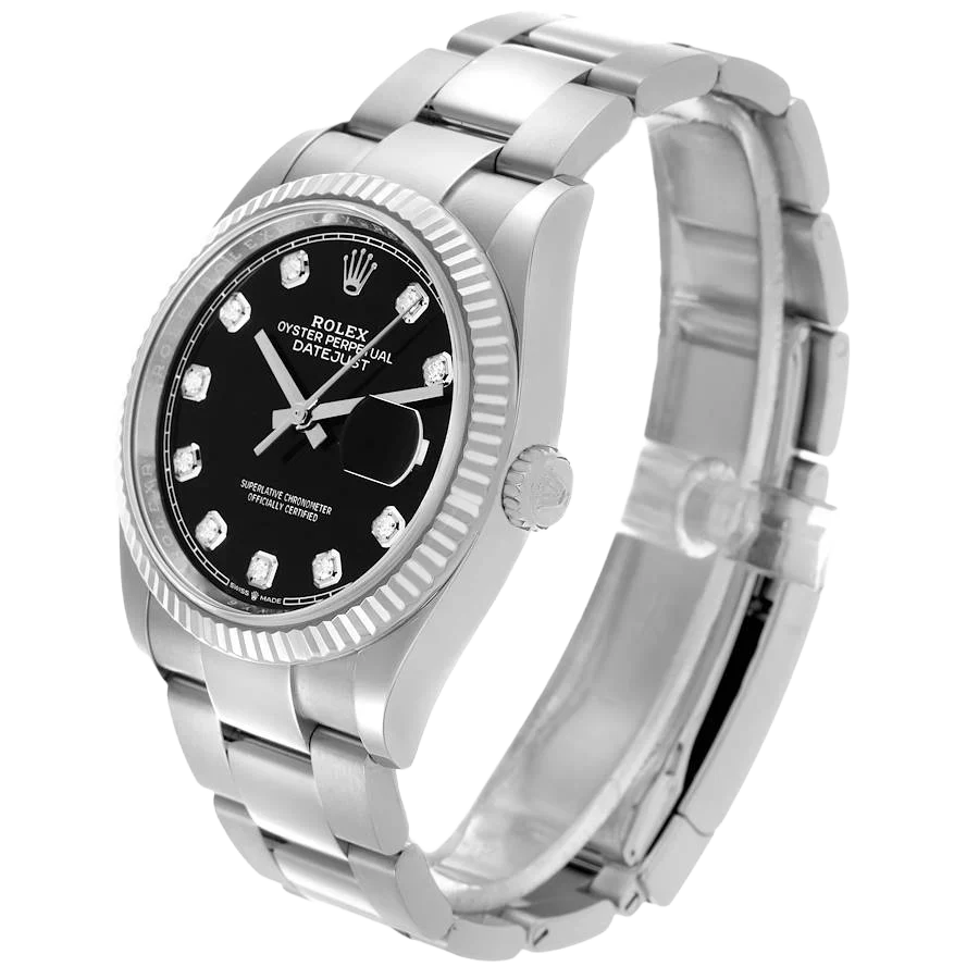 Datejust 36mm Steel White Gold Black Diamond Dial Mens Watch 126234