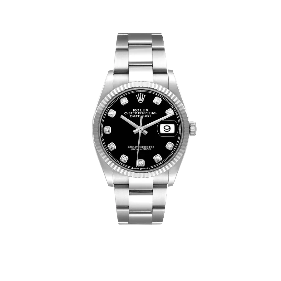 Datejust 36mm Steel White Gold Black Diamond Dial Mens Watch 126234