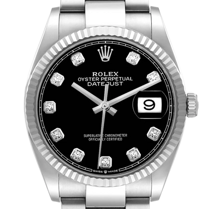 Datejust 36mm Steel White Gold Black Diamond Dial Mens Watch 126234