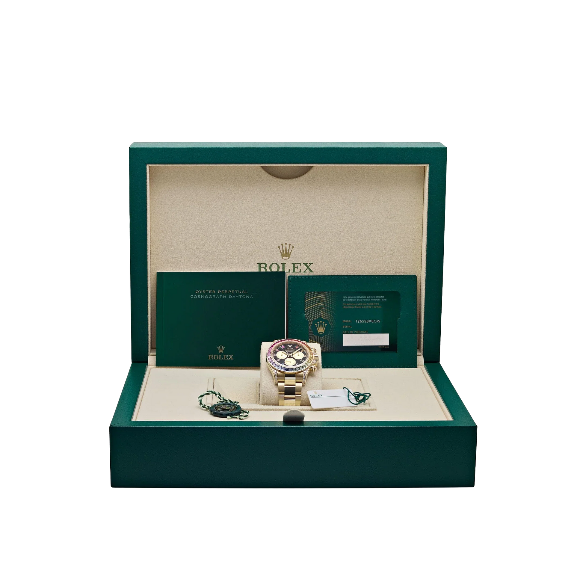 Daytona 126598RBOW 40mm Rainbow Yellow Gold Black Dial Sapphire Bezel